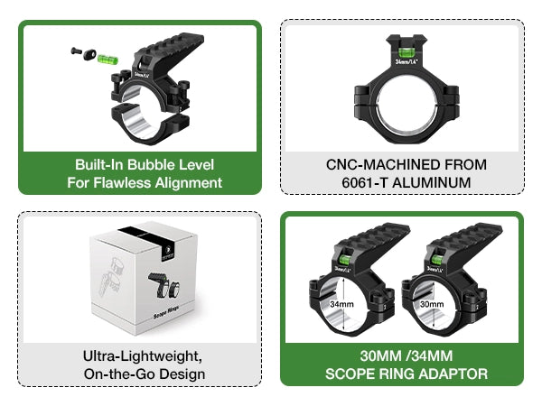DISCOVERYOPT 6061 Aluminum Scope Ring Adapter – 30mm/34mm Tube | Picatinny Rail Mount with Bubble Level | Precision Alignment Tool